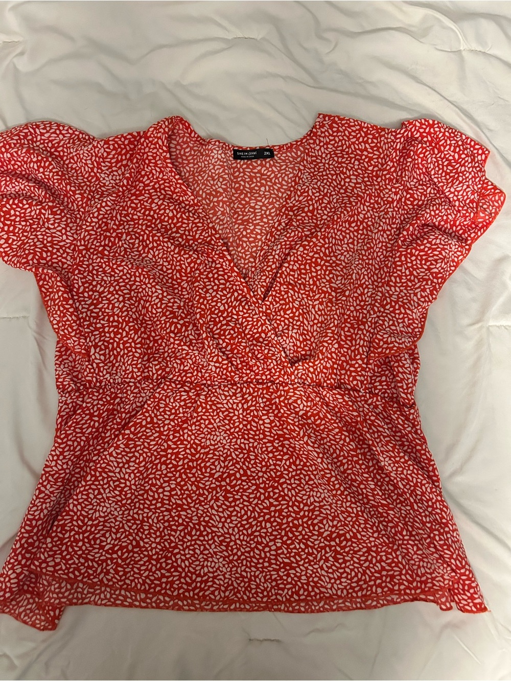 SHEIN Red and White V-Neck Wrap Blouse
